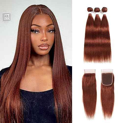 ijoy Human Hair Bundles with Closure Straight 12 14 16 +C12 Inch Brazilian Reddish Brown 3 Bundles with 4x4 HD Lace Closure Free Part 33# Color