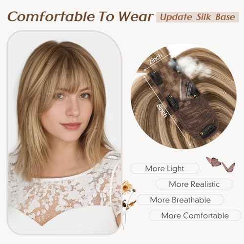 Rich Choices Hair Toppers for Women Real Human Hair 360¡Æ3D Clip in Bangs 100% Remy Human Toppers with Bang for Thinning 150% Density Lace Base 08 Inch #4P27 Medium Brown Highlight Dark Blonde