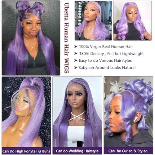 Ubetta Lilac Purple Wig Human Hair, 13x6 Lace Front Wigs Human Hair Glueless Purple Wigs Pre Plucked 22 Inch Lace Front Wigs for White Women 180% Density HD Straight Lace Frontal Wig Colored Lavender