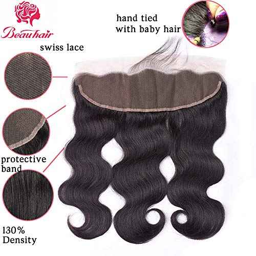 Body Wave 3 Bundles with Frontal Human Hair Bundles with Lace Frontal (18 20 22+18, Natural Black) Brazilian Body Wave Hair Virgin Hair Ear to Ear 13x4 Frontal Natural Black