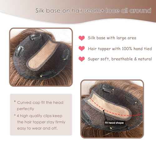 Hair Topper with Bangs Crown Coverage 5 * 5.5'' Cap size, 130% Density Straight Remy Hair Full Hand Tied Hair Piece (Medium brown, Bangs 4#, 8 Inch)