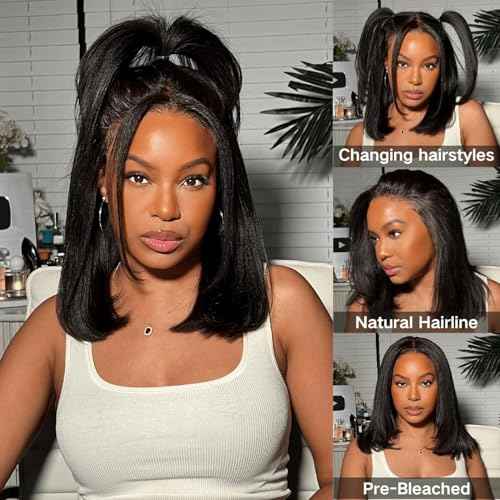 Julia Hair 12 Inch Light Yaki Straight Bob Wig 100% Human Hair Glueless Bye Bye Knots 7x5 Hd Lace Pre Cut Plucked Short Wig Natural Color Straight Bleached Knots Side Part Black Wigs