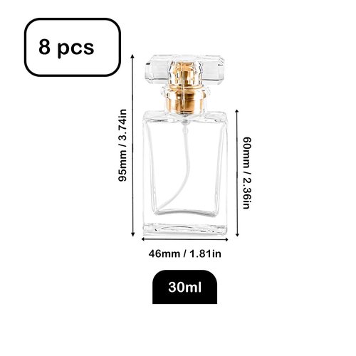 Glass Perfume Bottle Empty Refillable 8Pack Clear Travel Perfume Spray Atomizer Bottle 30ml Perfume Fine Mist Spray Bottle Perfume Bottle Atomizer Container with Spray Applicator (30ml Square, Clear