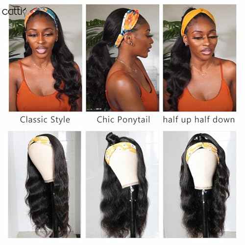 catti Headband Wig Human Hair Body Wave Headband Wigs for Black Women Glueless None Lace Front Wigs Human Hair Brazilian Virgin Hair Machine Made Half Wig 150% Density (26" Headband wigs)