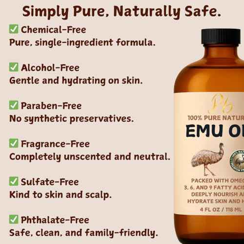 Emu Oil, 100% Pure Australian Emu Oil ? Refined & Unscented ? Natural Moisturizer for Hair, Skin, Face & Body ? Helps with Scars, Dry Skin & Massage ? 4 fl oz Glass Bottle