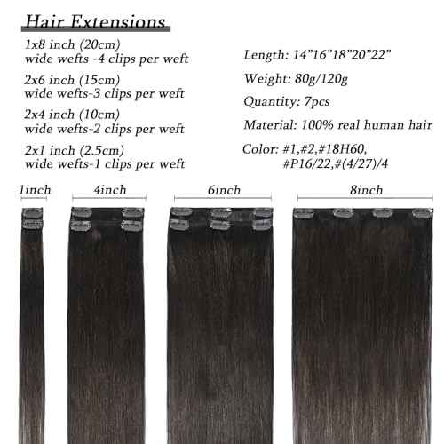Savasana Clip in Hair Extensions Real Human Hair Straight 7 Pcs Hair Extensions Double Weft Thick Dark Brown 16 Inch 120g