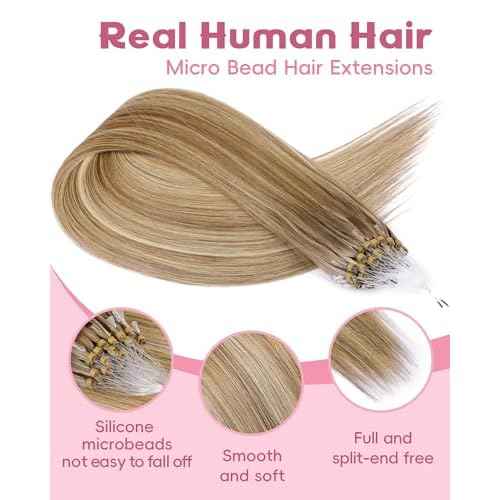 Microlink Hair Extensions Human Hair,22 Inch #7/60 Chocolate Brown to Caramel Blonde Micro Loop Microbead Micro Link Hair Extensions Human Hair Invisible Straight 30g/30s