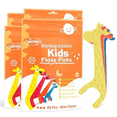 200 Count Biodegradable Kids Flossers, Eco-Friendly Plant-Based Floss Picks, No Fluoride BPA Free Cute Giraffe Dental Picks, No Plastics, Vegan Natural Floss, Mild Mint