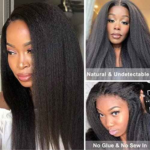 Sunber V Part Wig Human Hair Glueless Wig Kinky Straight Upgrade No Leave Out Vpart Kinky Straight Wigs 150% Density Glueless Clip in Half Wigs No Glue No Sew in Beginner Friendly 18Inch