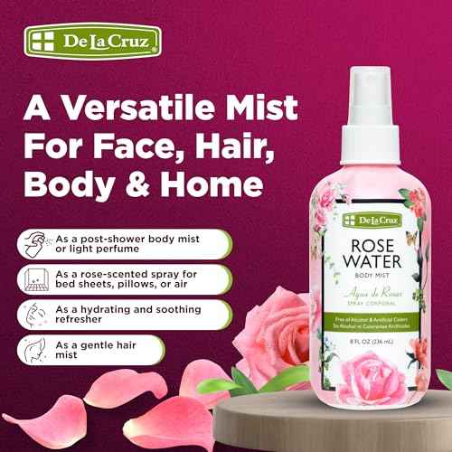 De La Cruz Pure Rose Water Body Mist,Rosewater Spray for Face, Skin & Hair,Toner & Rose Water for Hair Alcohol Free, Paraben Free 8 fl oz (1 Bottles)