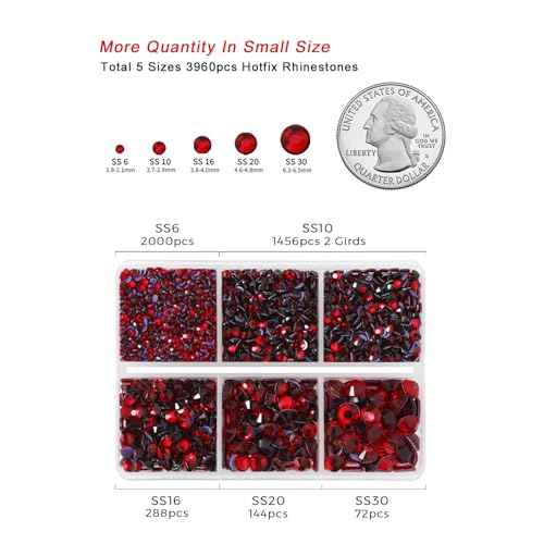 Hotfix Rhinestones 3960pcs, Red Rhinestone for Clothes, Hot Fix Crystals Rhinestones with Tweezers and Wax Pencil Kit,Mixed 5 Sizes, SS6-SS30, Siam