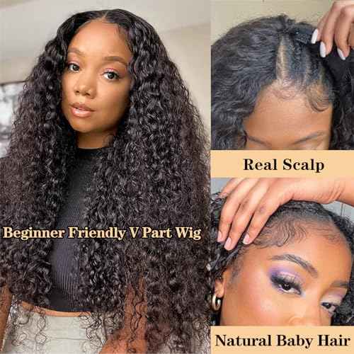 V Part Wig Human Hair Deep Wave No Leave Out Upgrade U Part Wigs for Black Women 180% Density Glueless Curly V Part Human Hair Wigs No Glue No Sew Clip In Half Wig Beginner Friendly (22 Inch)