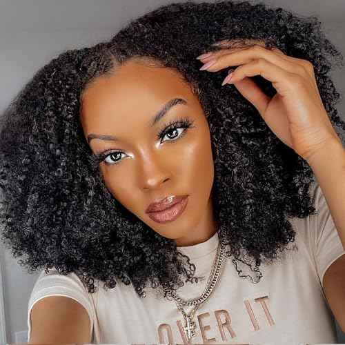 V Part Wig Human Hair Afro Kinky Curly Wig No Leave Out Brazilian Human Hair Wig For Black Women Beginner Friendly 200% Density Upgrade U Part Kinky Curly Wigs 18Inch