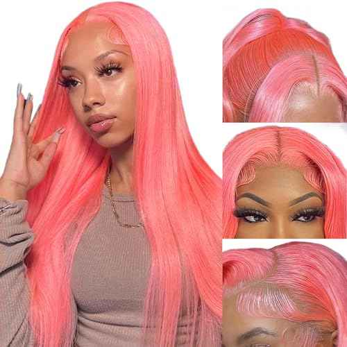 PANDA ANGEL Pink Straight Lace Front Wig Human Hair 13x4 Hd Transparent Lace Frontal Wigs Human Hair Glueless Wear and Go Wigs for Black Women Hot Pink Human Hair Straight Wig 22 Inch