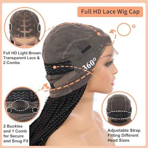 360¡Æ HD Full Lace Knotless Braided Wigs for Women Box Braid Wig with Baby Hair Braided Lace Front Wigs Premium Synthetic Braid Wig Long Black 36"