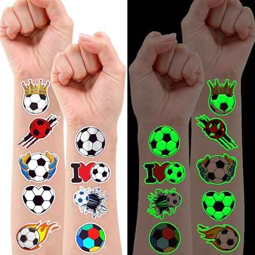 96 PCS Soccer Ball Glow In The Dark Pre-Cut Temporary Tattoos Sticker Football, Sports Themed Birthday Party Decorations Supplies Favors Europa, World Cup Cute Tattoo School Reward Game (Luminous)