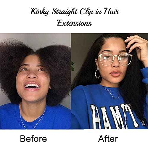 Clip in Hair Extensions Real Human Hair Natural Black Kinky Clip ins Seamless Kinky Straight Clip on Hair Extensions for Women 8pcs with 18 Clips 120g(26inch)