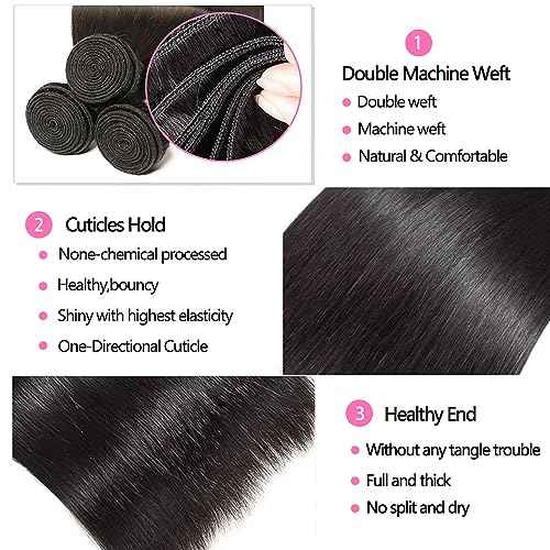 10A Straight Bundles with Closure 20 22 24 with 18 Inch Human Hair Bundles with Closure 100% Unprocessed Brazilian Virgin Human Hair Weave with Closure HD Lace