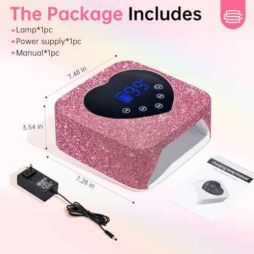 UV LED Nail Lamp 72W Rechargeable Sparkly Wireless Nail Dryer Gel Polish Light with 5 Timer Setting Professional Quick Dry Curing Lamp Pink with Display Auto Sensor for Salon & Home