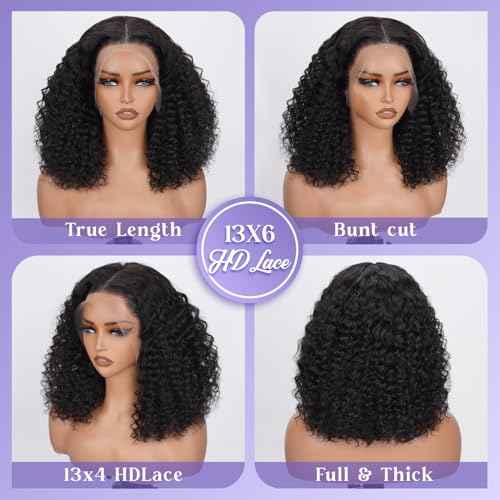 Bob Wig Human Hair 13x6 Lace Frontal Deep Curly Wave, 200 Density Short Wigs for Black Women, Pre Plucked with Baby Hair Natural Hairline Easy to Style (18 Inch)
