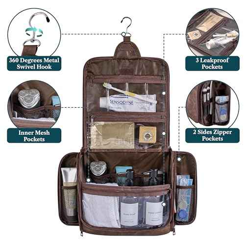 PAVILIA Large Hanging Toiletry Bag Travel Bag Women Men, PU Leather Cosmetic Organizer, Water Resistant Makeup Bag Accessories Toiletries, Travel Essentials Kit, Brown