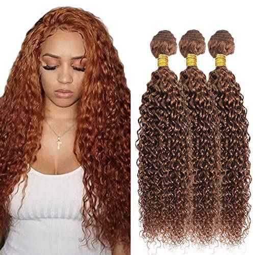 Brown curly Bundles Color #30 Human Hair Bundles Light Kinky Curly Bundles 14 16 18 Inch Mixed Length 3 Bundles Real Brazilian Virgin Auburn Human Hair Extensions Color #30 KInky Curly Bundle