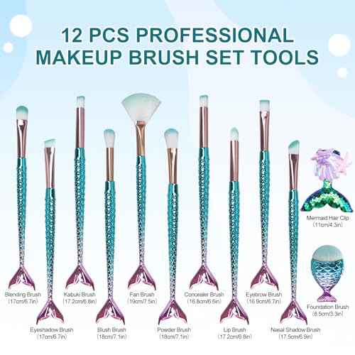 12PCS Makeup Brushes Set with Mermaid Beauty Hair Clip, Mermaid Makeup Brush Cosmetic Brushes Foundation Powder Cream Eyebrow Eyeliner Brow Blending Brush Tool Kids Girls Christmas Makeup Tool set