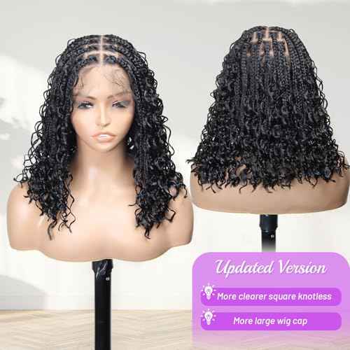 12 Inch Full Lace Front Short Boho Braided Wigs for Black Women Knotless Bob Box Braided Wig With Baby Hair Synthetic Braided Wigs Natural Black