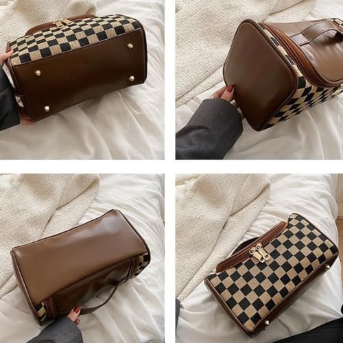 Waztyuk Checkered Makeup Bag Travel Purse Toiletry Bag Women Cute Cosmetic Case Portable Hanging Organizer for Essentials (Black)