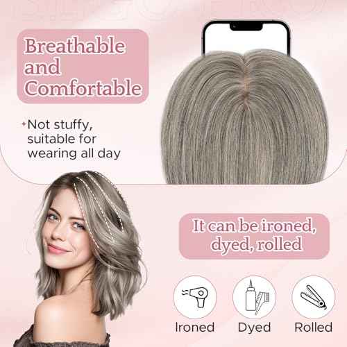 Hair Toppers for Women Real Human Hair with No Bangs 3.1¡¿3.9 Inch Silk Base Clip-In Topper Natural Looking Hairpieces for Women£¨10 Inch,Dark Grey£©