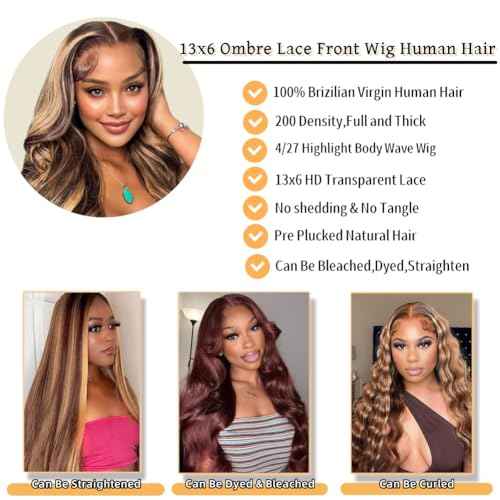 Sunelk 26 Inch Honey Blonde Ombre Lace Front Wig Human Hair Highlight Body Wave Wig 13x6 Lace Front Wigs Human Hair Pre Plucked 200 Density 4/27 Colored HD Lace Frontal Glueless Wigs for Black Women
