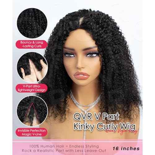 QUEEN VIRGIN REMY QVR Lace V-Part Wig Human Hair Kinky Curly No Leave Out V Shape Full Head Clip In Half Wig with Drawstring Natural Black Curly U Part Human Hair Wig for Black Women 16 Inch
