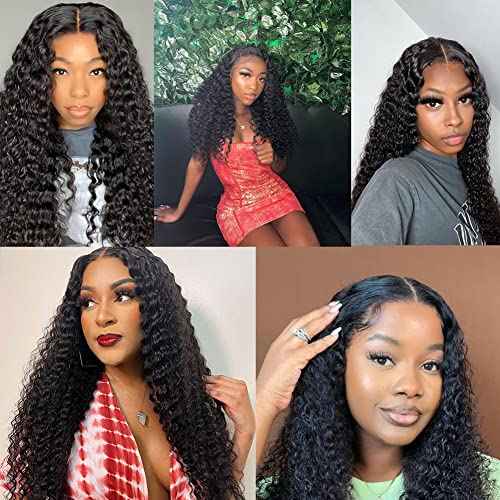 Wear and Go Bye Bye Knots 7x5 Pre Cut HD Lace Deep Wave Glueless wigs Human hair, 3D Dome Cap Glueless Wig Pre Plucked, Lace Pre Cut Glueless Curly Wig Natural black 200% Density 20 Inch