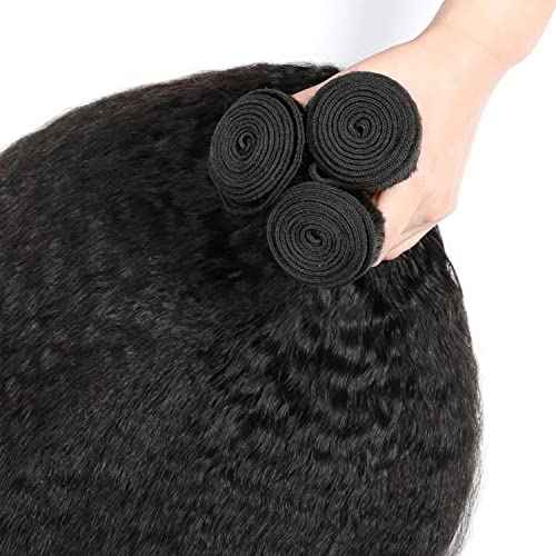 Kinky Straight Bundles 16 18 20 Brazilian Kinky Straight Human Hair Bundles Unprocessed Virgin Hair 3 Bundles 100g/Bundles Double Weft Yaki Straight Human Hair Weave Extensions Natural Color