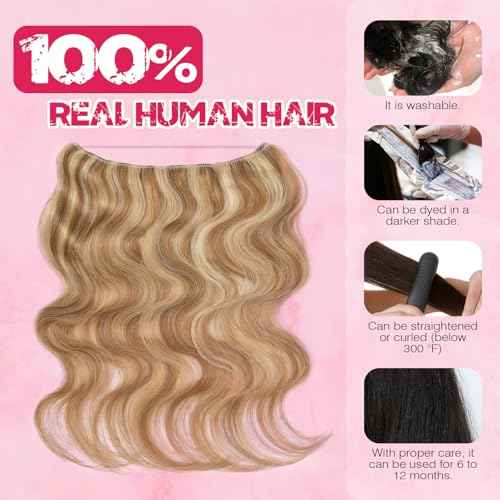 Halo Hair Extensions Real Human Hair, MY-LADY Adjustable Halo Extensions Real Human Hair, 22 inch Golden Brown mix Bleach Blonde Women's Long Wavy Hair Invisible Wire Hair Extensions