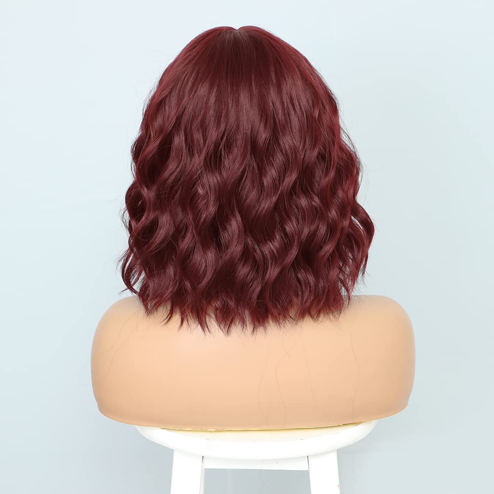 Elfairy Red Wig for Women 12in Short Wavy Curly Hair Bangs Wigs Natural Looking Synthetic Hair Replacement Wig(12'' Wine Red 118)