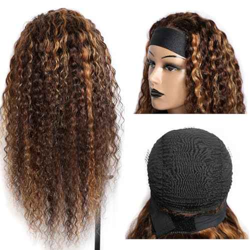 Headband Wig Human Hair Deep Wave 4/27 Human Hair Headband wigs for women Glueless None Lace Front Wig Machine Made 150% Density headband wig human hair with Headbands (22Inch)