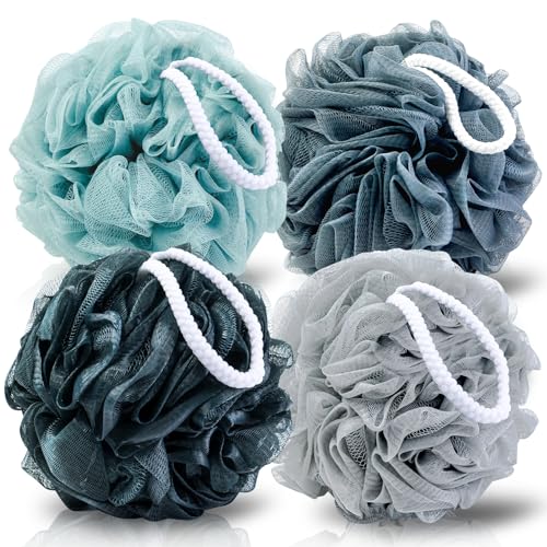 Loofah Sponge XXL-100g 4 Pack, Bath Sponge Soft Mesh Shower Puff Loofah for Men, Exfoliating Body Scrubber for Women, Shower Accessories (Blue Gray)