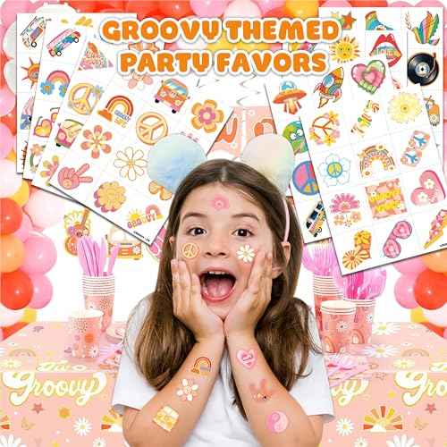 96 PCS Two Groovy Retro 60s 70s Pre-Cut Temporary Tattoos for Kids | Super Cute Themed Birthday Party Favors, Supplies, Decorations, Fake Tattoo Stickers (Multiple)