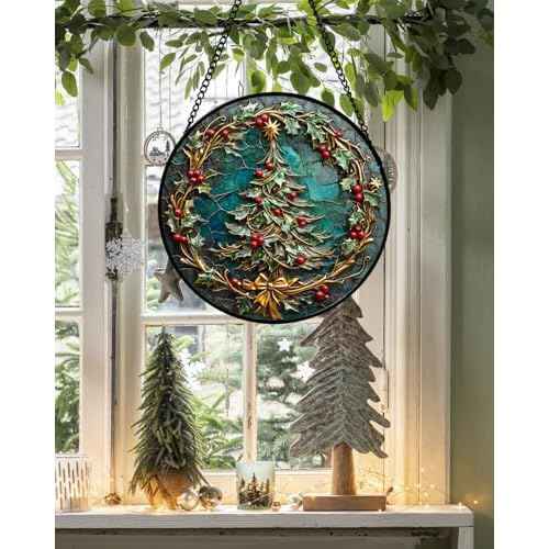 Stained Glass Window Hangings - Red Gold Green Wreath Suncatcher for Door Home Christmas Tree Decoration Sun Catcher Thanksgiving New Year Birthday Gift for Women Men Mom Grandma 6.3 in