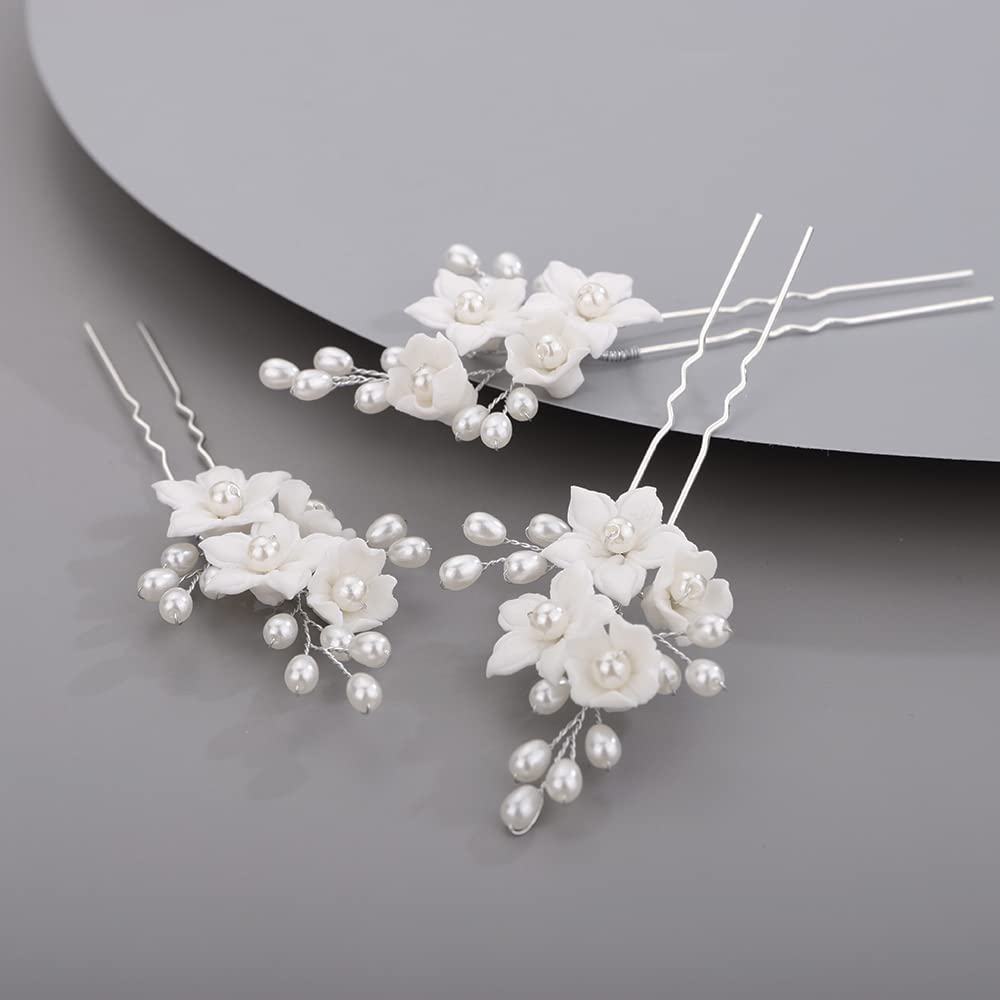 BERYUAN Bridal Flowers Leaves Hair Pins for Bride Women Dainty Pearls Beads Hair Pins for Girls SILVER （3 pcs）