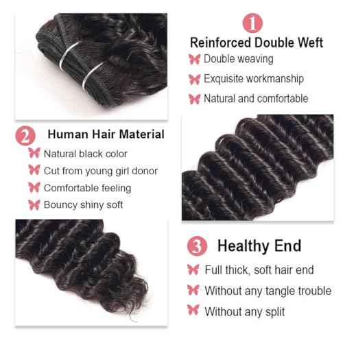 12A Deep Wave Bundles Human Hair 16 18 20 Inchs Human Hair Bundle 100% Unprocessed Brazilian Curly Wet Wavy Texture 3 Bundles Deep Wave Natural Black