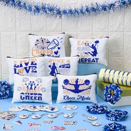 Lyrow 160 Pcs Cheerleader Gifts Bulk for Team Cheer Scrunchies Hair Ties Makeup Bag Cheer Mirror Bracelet Keychain Sticker for Back to School(Blue)