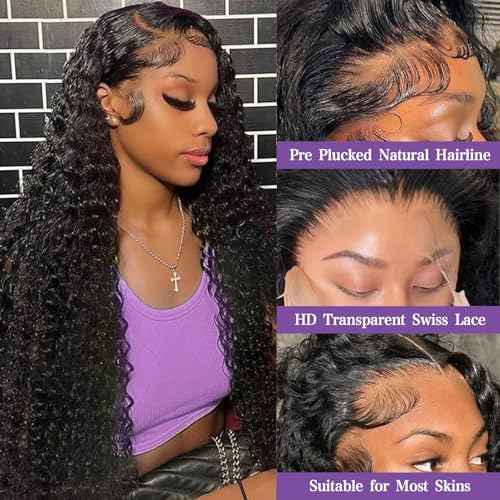 Deep Wave Lace Front Wig 13x6 100% Remy Virgin Human Hair 210% Density HD Lace Frontal Wigs for Black Women Natural Color Pre-Plucked with Baby Hair 24 inch