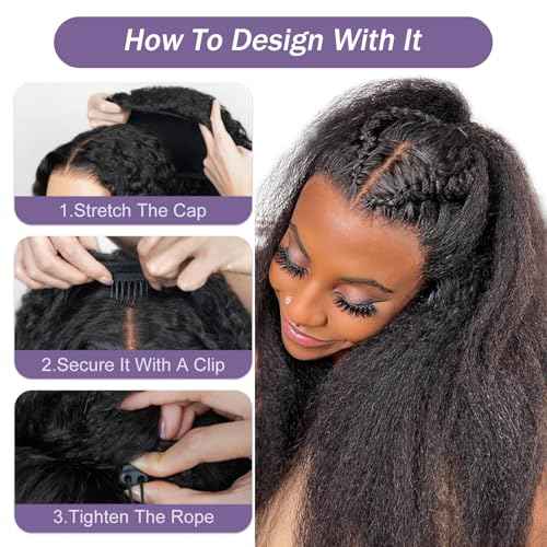 OQ Hair Kinky Straight Half Wig Human Hair Adjustable Drawstring 180% Density 3 In 1 Beginner Friendly Glueless Wear and Go Half Human Hair Wig for Women 16 Inch