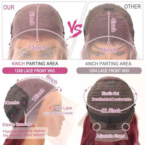 26 Inch 99j Burgundy Lace Front Wigs Human Hair 13x6 Body Wave Lace Front Wigs Human Hair Pre Plucked 180% Density Glueless Wine Red Lace Front Wigs for Women