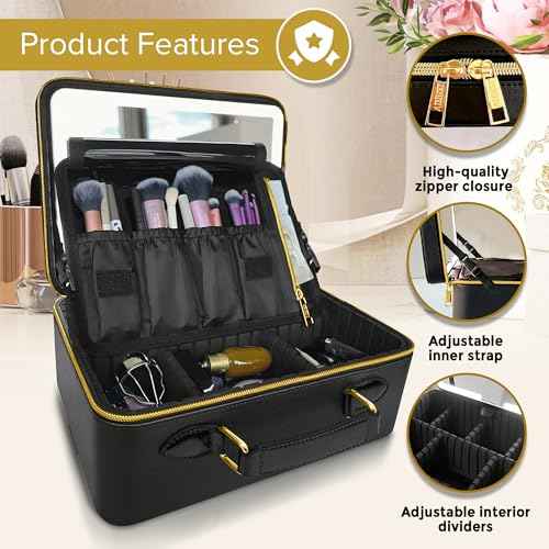 JENNI V Upscale PU Leather Makeup Bag with Light Up Mirror, 3 Brightness Settings, Adjustable Dividers - Replace Your Bulky Vanity While On the Go - Chic Travel Makeup Case Box - Makeup Organizer Bag