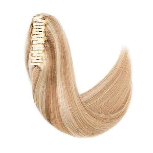 TESS Human Hair Claw Clip Ponytail Extension Real Remy Hair long ponytail extension for Women Straight, 20 Inch, Flax Yellow Mixed Light Gold