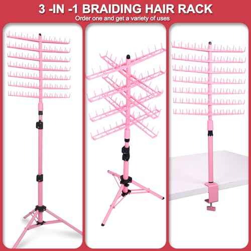 Height Adjustable Braiding Hair Rack 168 pegs, Dual-use Braid rack with Clamp (Pink)