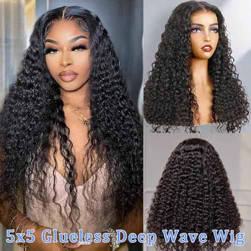 Glueless Wigs Human Hair Pre Cut 5x5 Lace Closure Deep Wave Wig 180% Density Wear and Go Human Hair Curly Wigs for Black Women Natural Black Color Small Head Friendly 26Inch